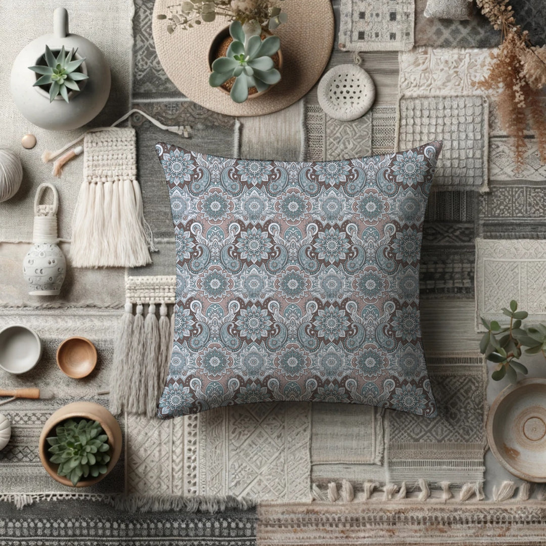 Paisley Mandala Pillow Cover in Cool Blue and Taupe – Vintage Boho Cushion Case