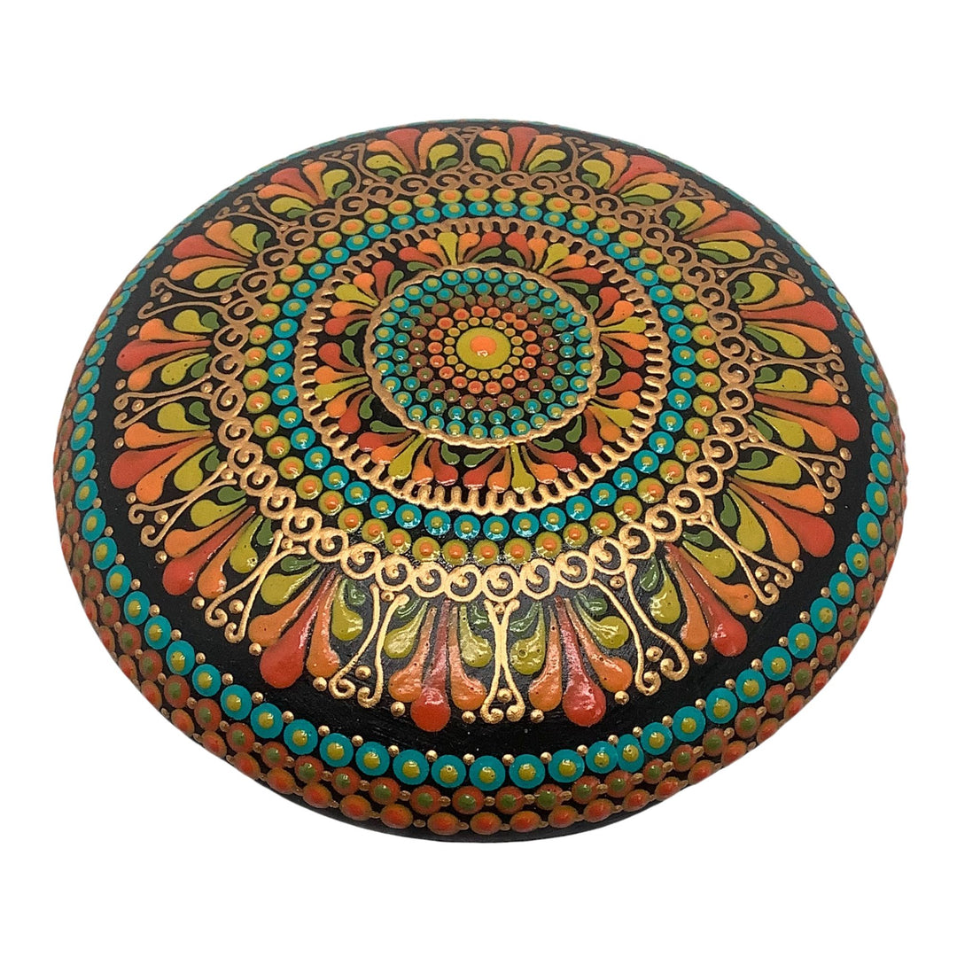 Large hand-painted mandala stone in yellow, orange and blue with gold details – round gypsum decor stone
