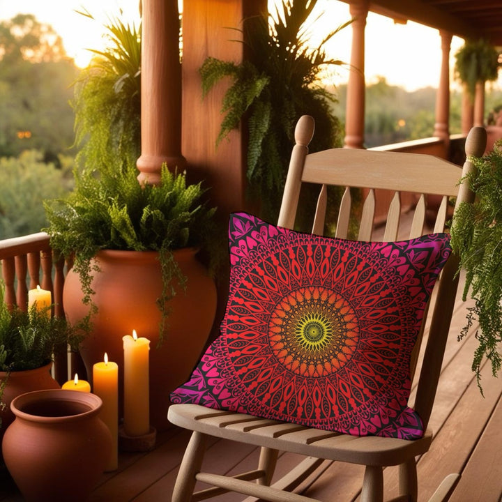Kussen met mandala ontwerp in warme kleuren in schommelstoel op veranda