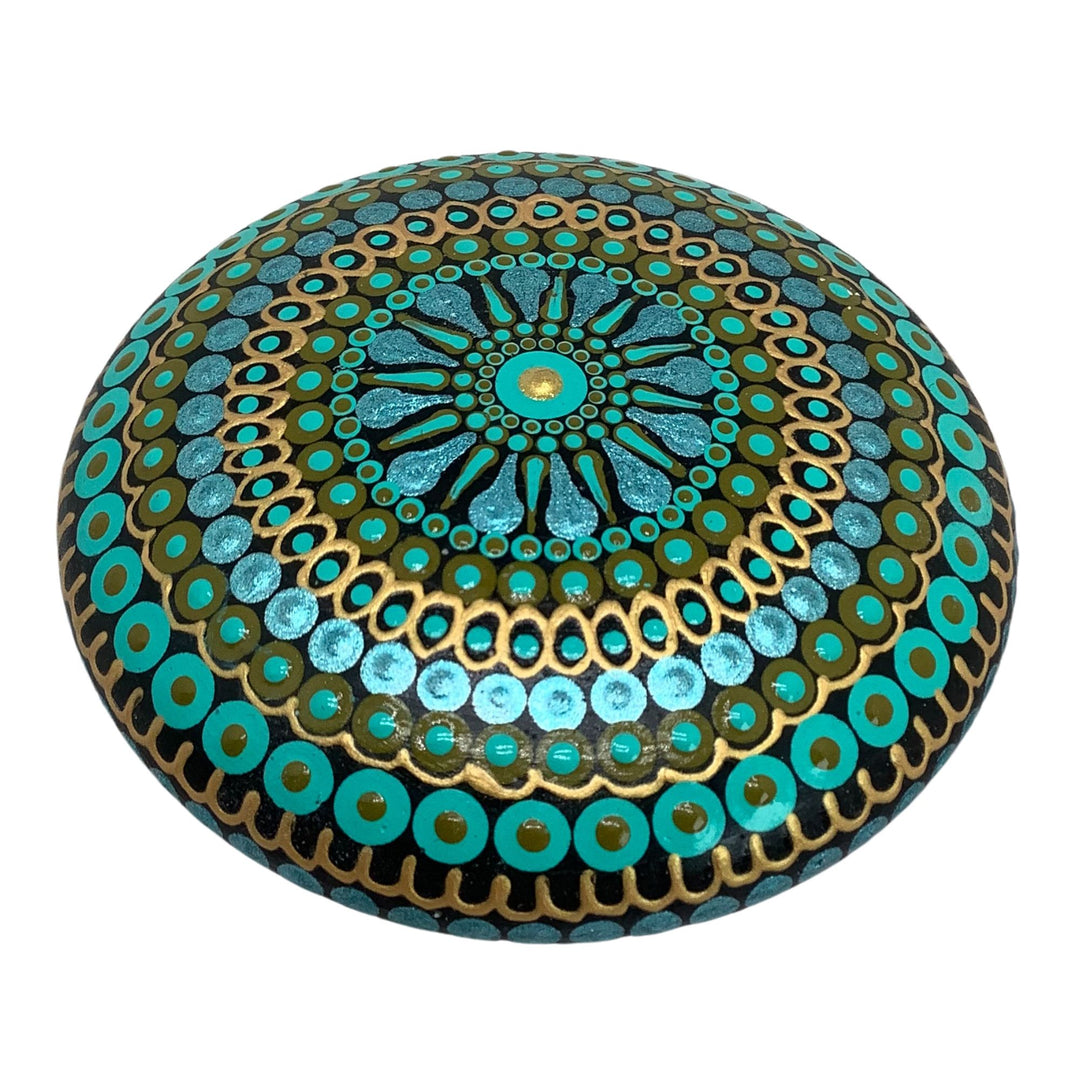Mandala stone in blue with metallic shimmer and gold accents, hand painted dot art meditation rock