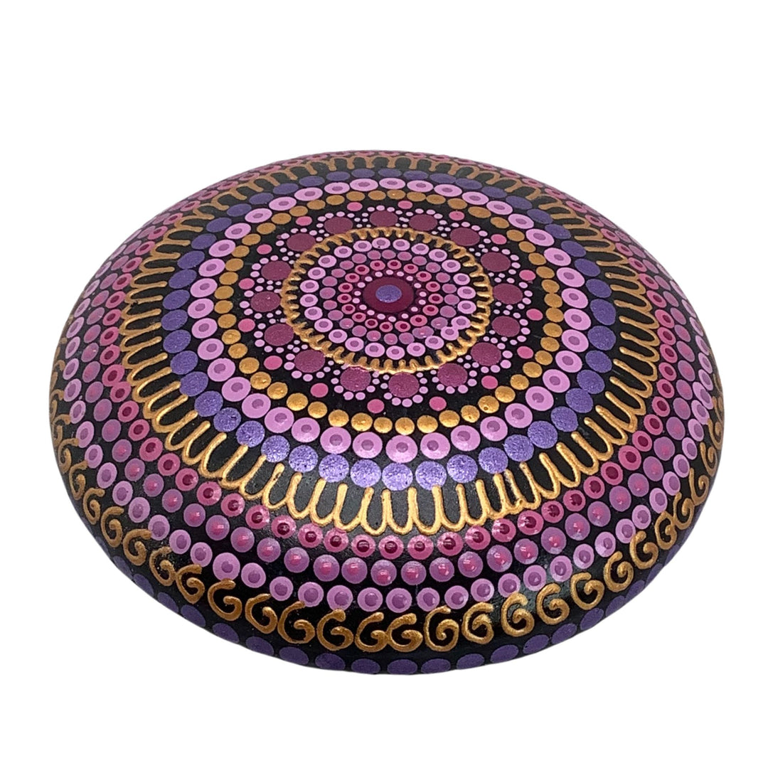 Hand painted mandala stone in pink and purple with gold details, round gypsum meditation and gift stone