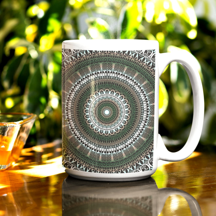 Alt text: A green mug adorned with an intricate mandala design, infusing natural elegance into the visual experience.
