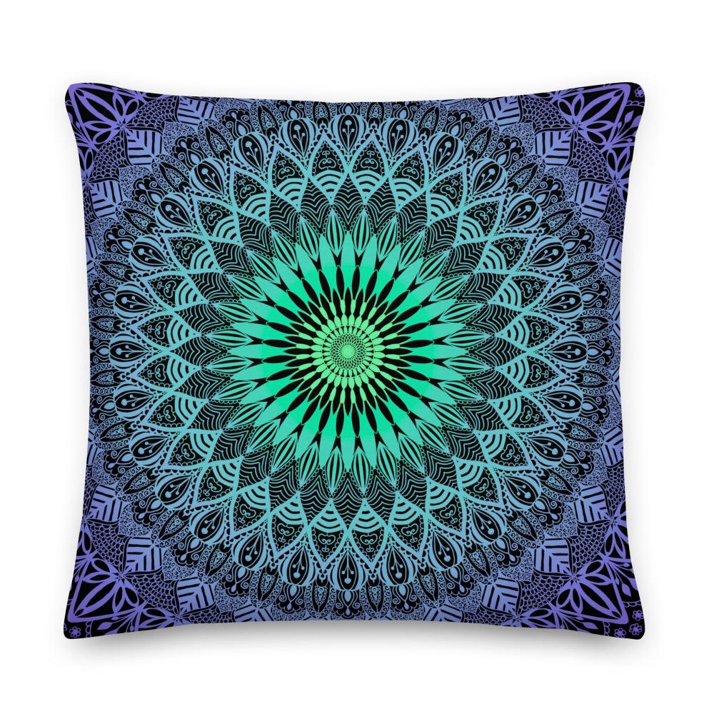 Mandala pillow cover in purple and mint green with detailed double-sided print and hidden zipper