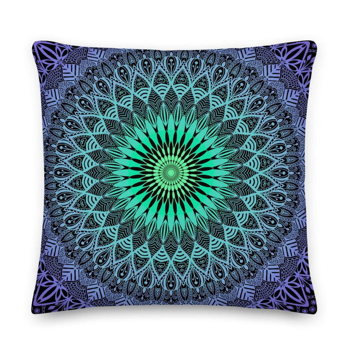Mandala pillow cover in purple and mint green with detailed double-sided print and hidden zipper