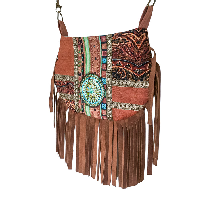 Boho Small Crossbody Bag with Mandala Patchwork – Barkcloth & Velvet Phone Bag