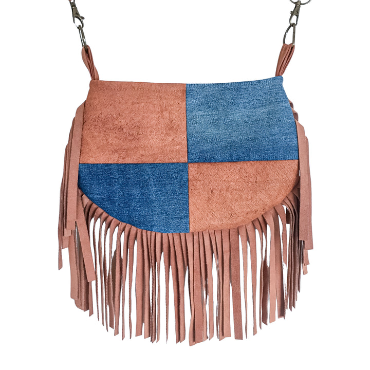 Boho Small Crossbody Bag with Pink Mandala – Barkcloth, Denim & Fringe Phone Bag