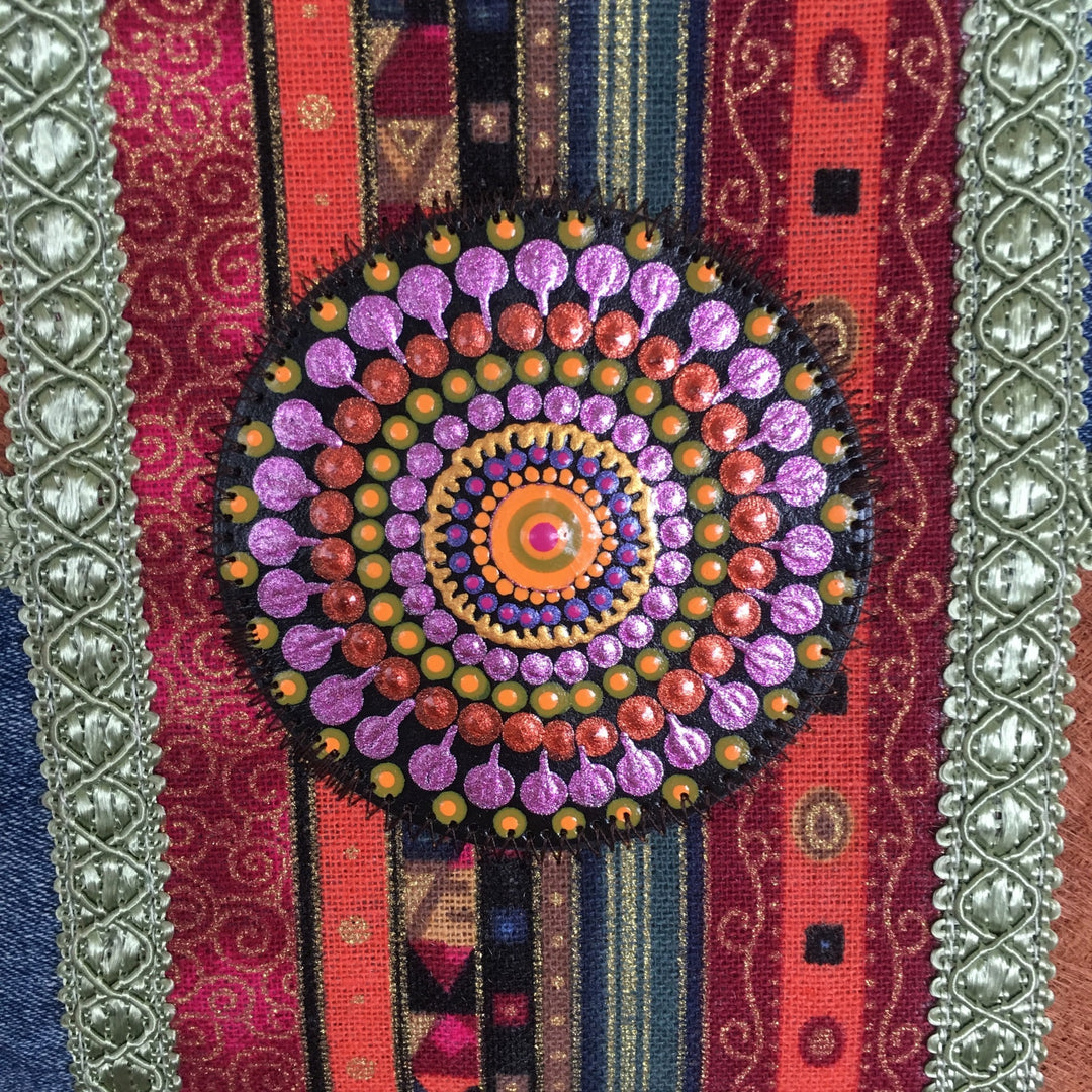 Boho Small Crossbody Bag with Pink Mandala – Barkcloth, Denim & Fringe Phone Bag