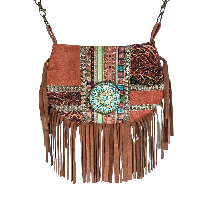 Boho Small Crossbody Bag with Mandala Patchwork – Barkcloth & Velvet Phone Bag