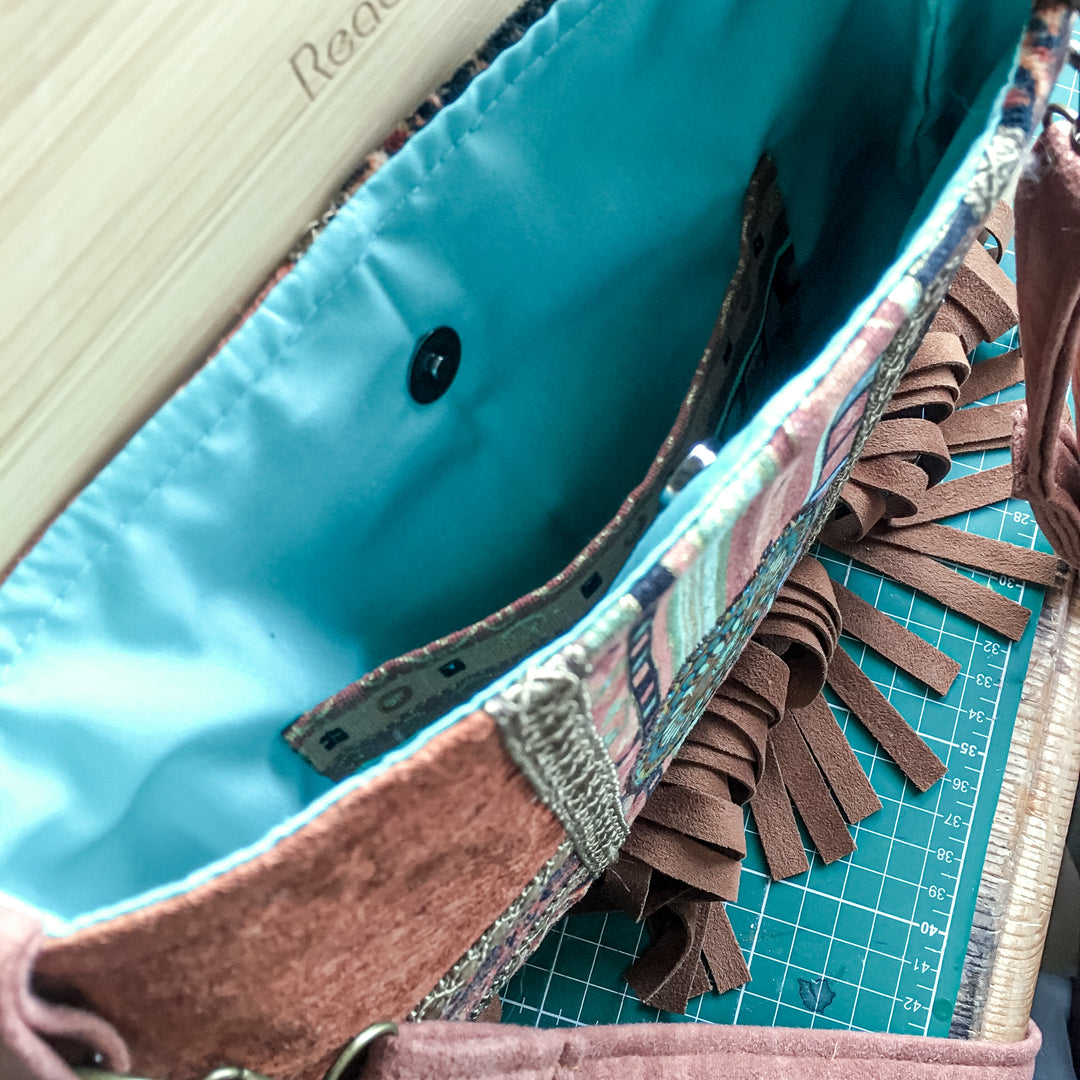 Boho Small Crossbody Bag with Mandala Patchwork – Barkcloth & Velvet Phone Bag