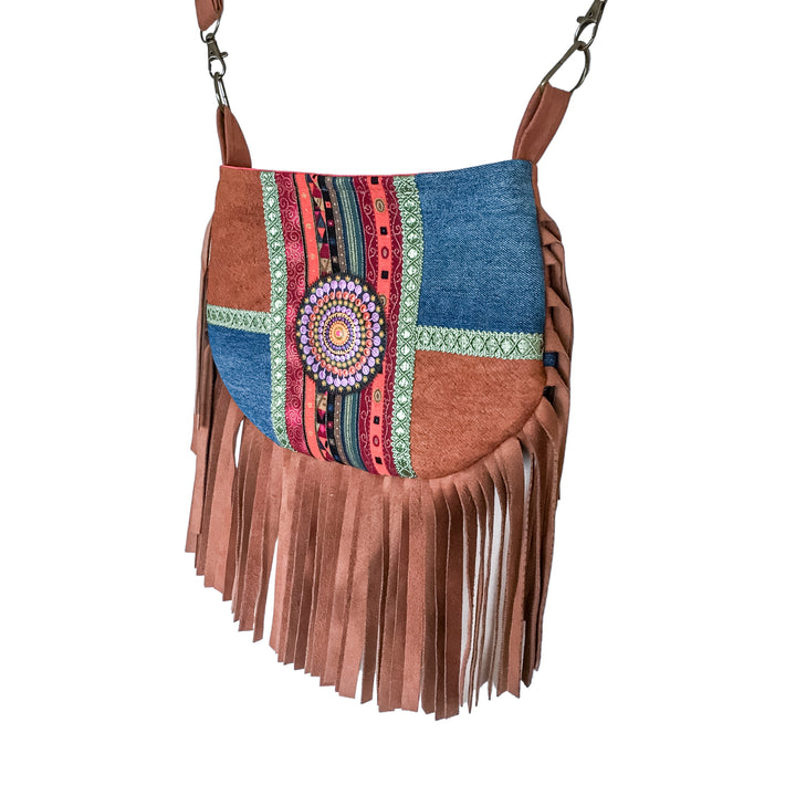 Boho Small Crossbody Bag with Pink Mandala – Barkcloth, Denim & Fringe Phone Bag
