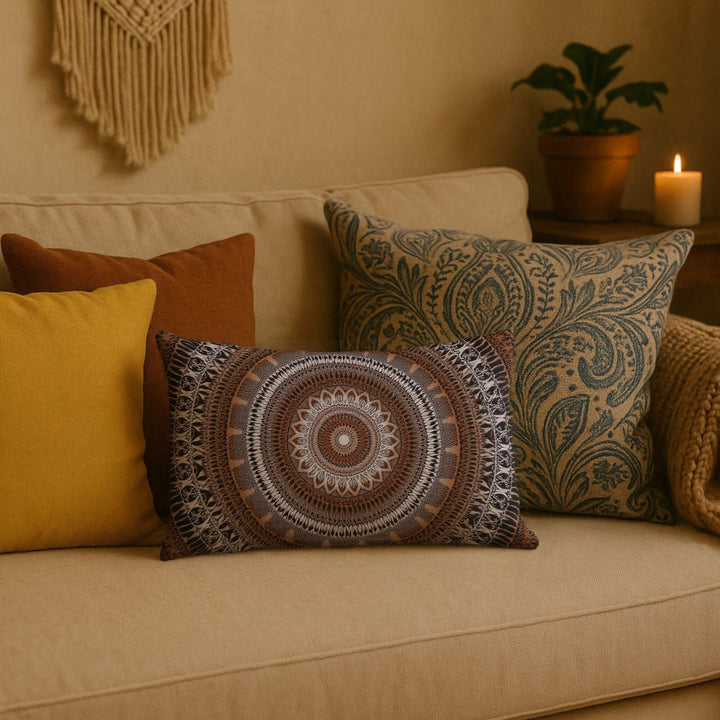 Mandala Pillow Cover with Brown and Beige Mehndi Design – Boho Decorative Cushion