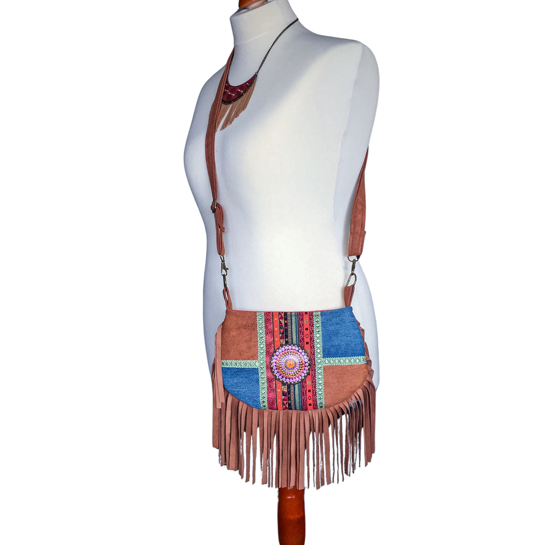 Boho Small Crossbody Bag with Pink Mandala – Barkcloth, Denim & Fringe Phone Bag