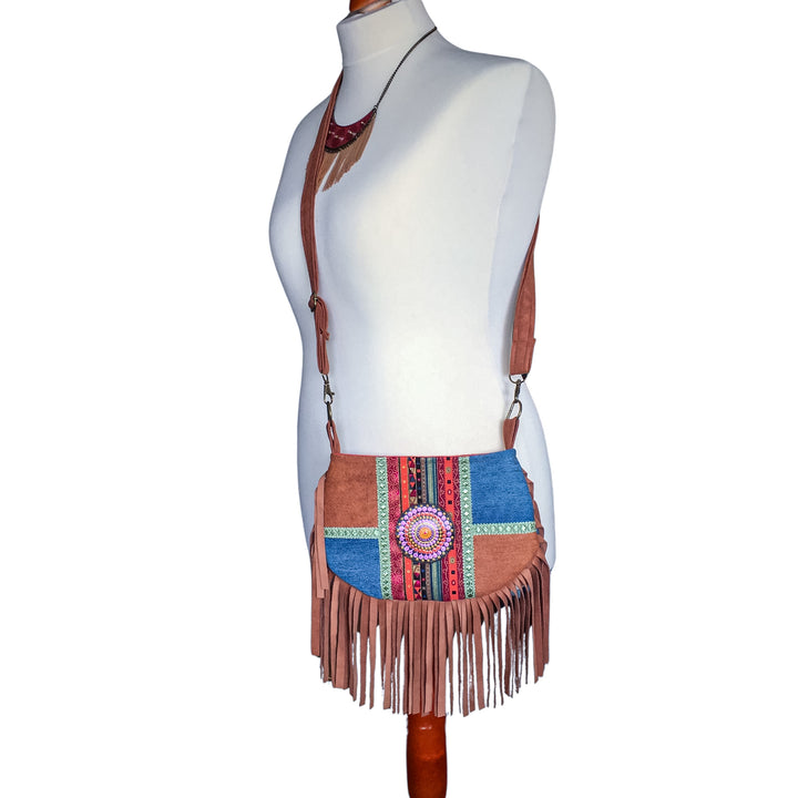Boho Small Crossbody Bag with Pink Mandala – Barkcloth, Denim & Fringe Phone Bag