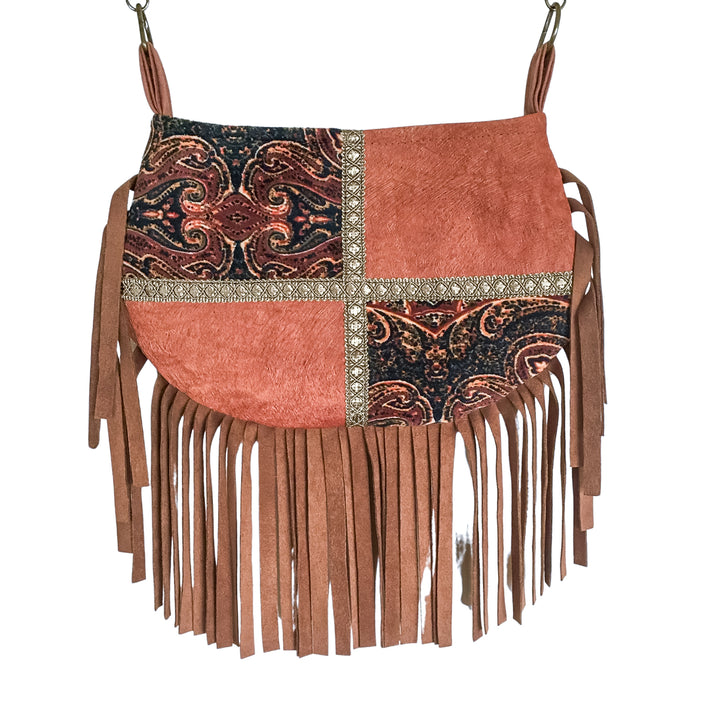 Boho Small Crossbody Bag with Mandala Patchwork – Barkcloth & Velvet Phone Bag