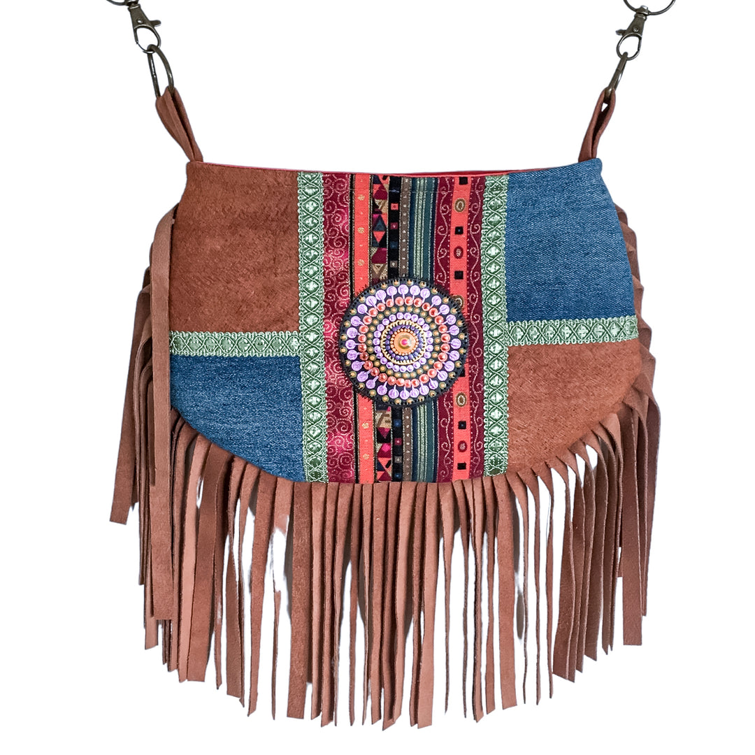 Boho crossbody bag with barkcloth, denim and pink mandala detail, green trim and fringe