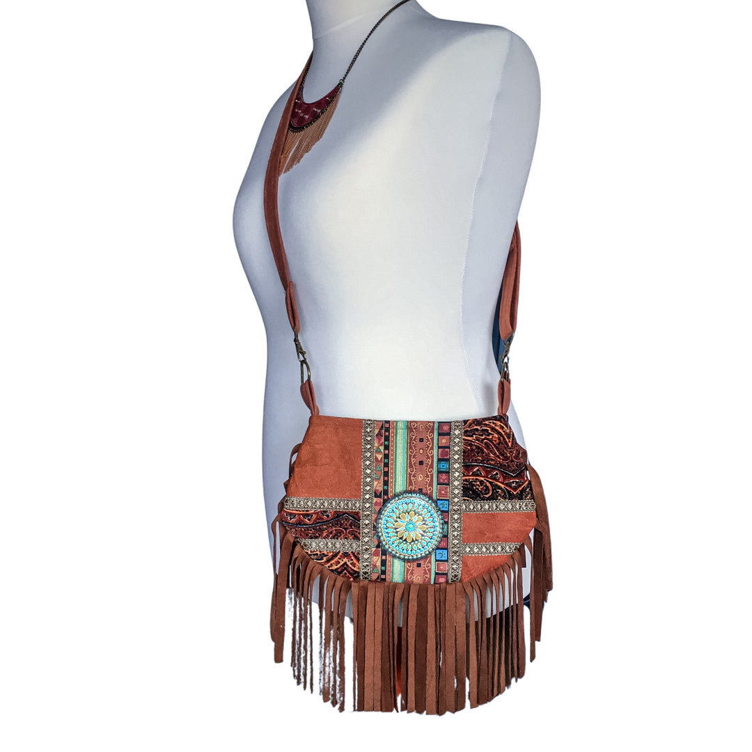 Boho Small Crossbody Bag with Mandala Patchwork – Barkcloth & Velvet Phone Bag