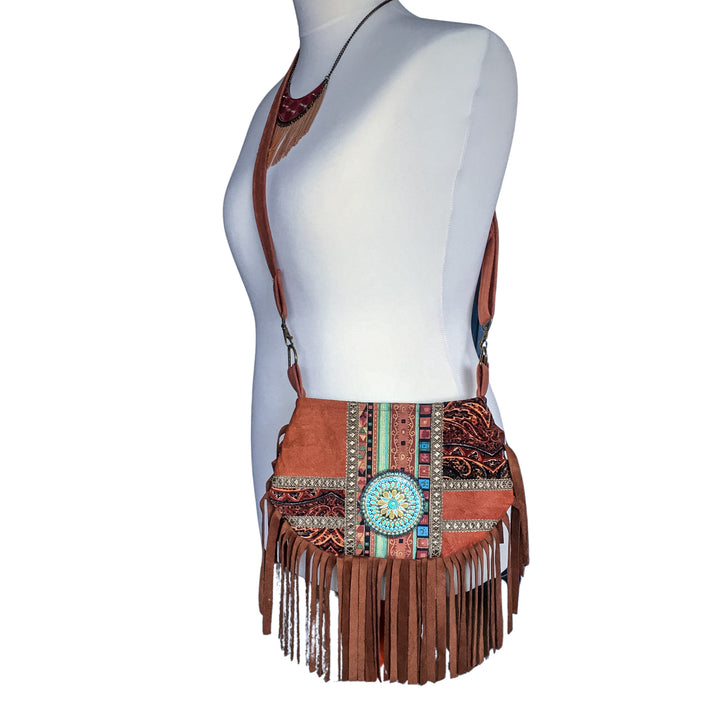 Boho Small Crossbody Bag with Mandala Patchwork – Barkcloth & Velvet Phone Bag