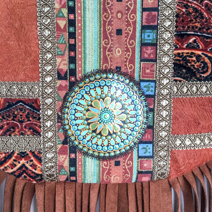 Boho Small Crossbody Bag with Mandala Patchwork – Barkcloth & Velvet Phone Bag