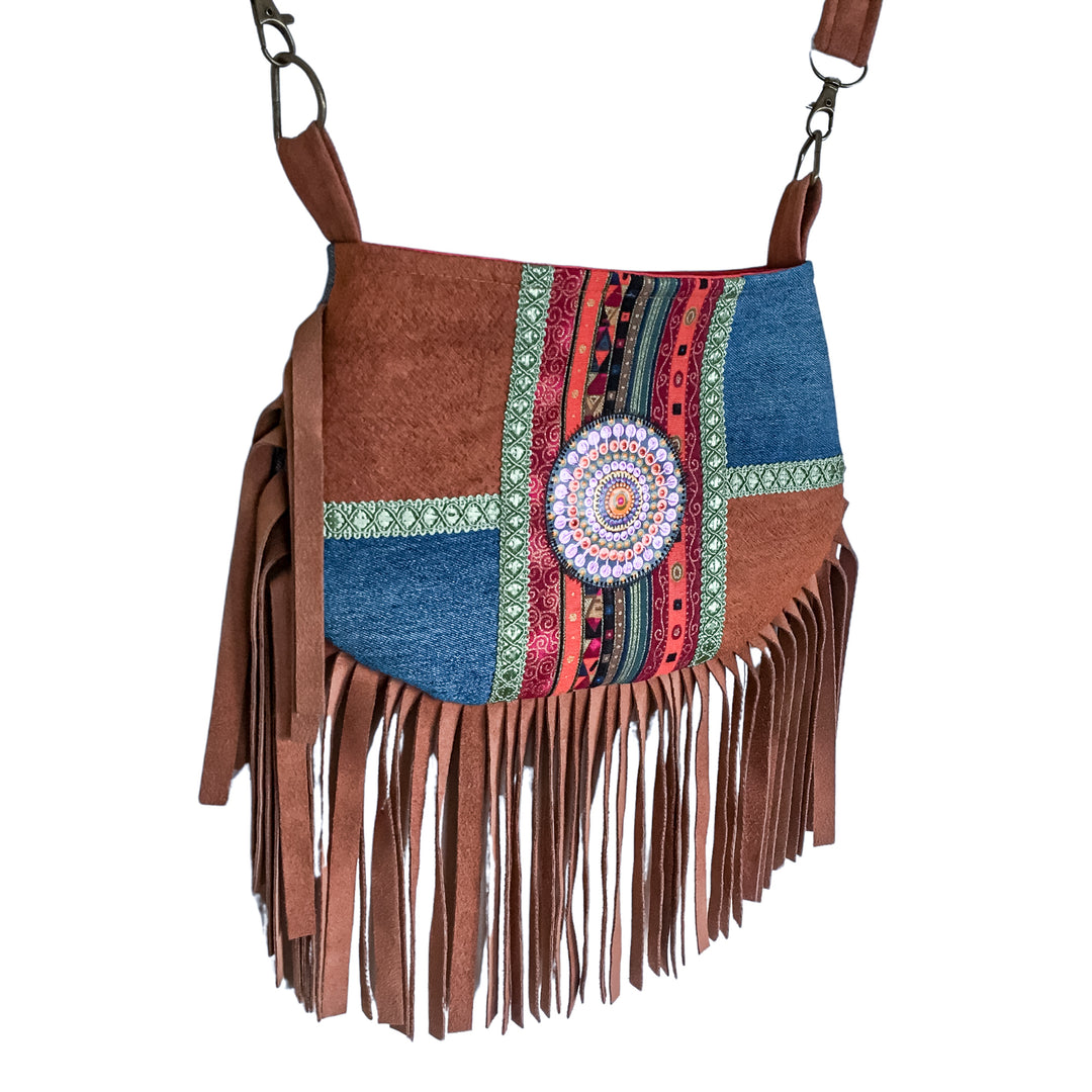 Boho Small Crossbody Bag with Pink Mandala – Barkcloth, Denim & Fringe Phone Bag