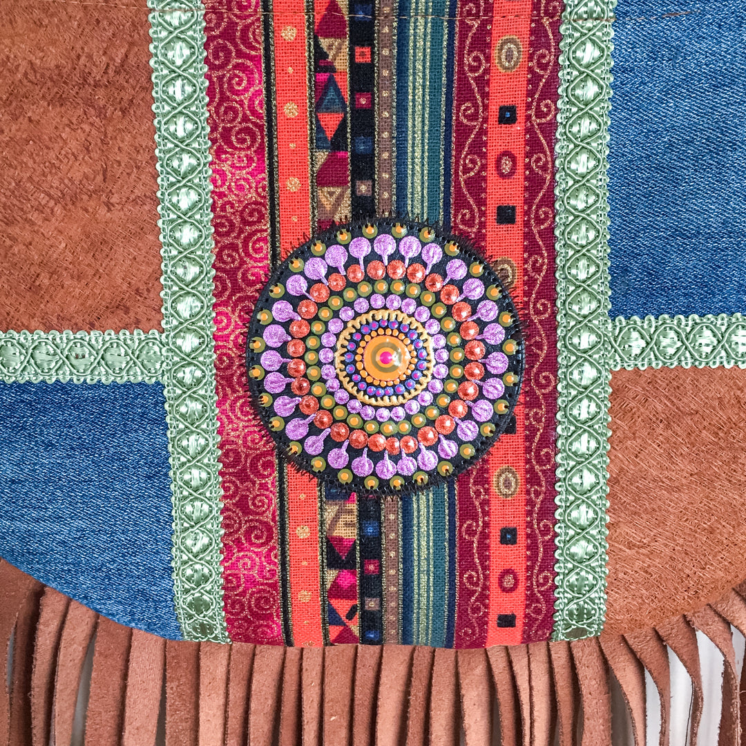 Boho Small Crossbody Bag with Pink Mandala – Barkcloth, Denim & Fringe Phone Bag