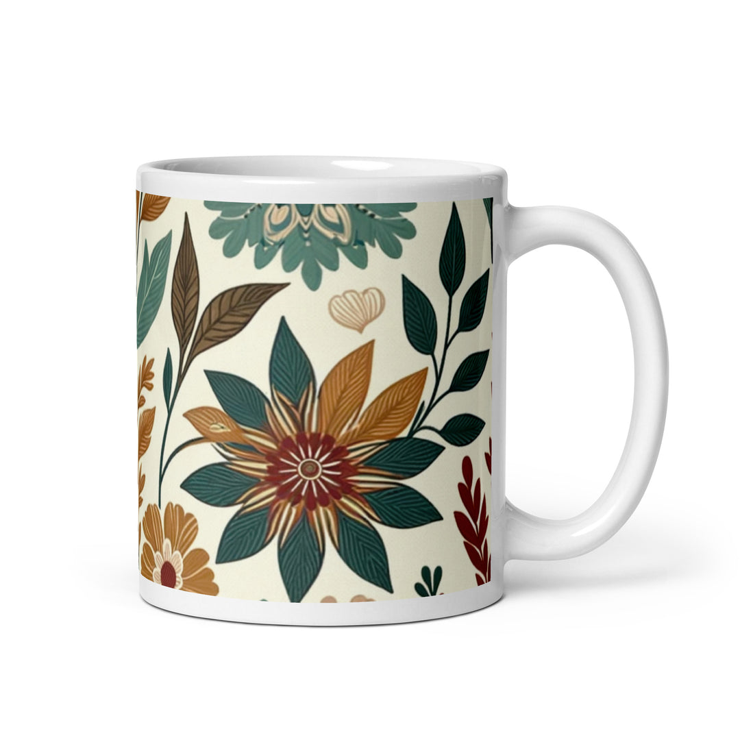 Mockup of ceramic mug with vintage floral print in warm tones, rustic botanical coffee cup