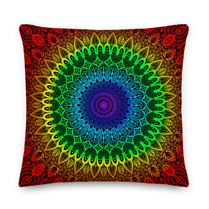 Rainbow chakra mandala pillow cover with linen look texture – colorful boho decor for meditation space or cozy home