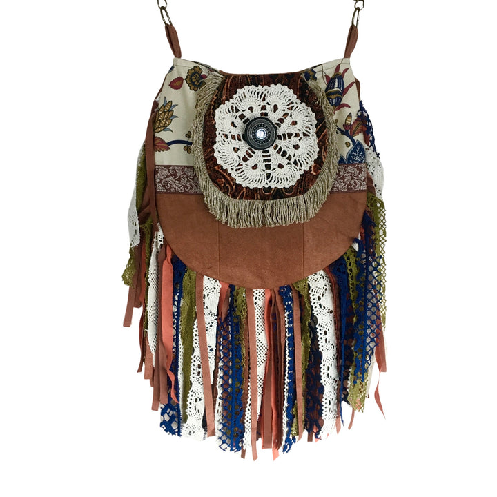 Barkcloth crossbody bag with velvet flap and crochet flower, boho fringe bag, handmade from Uganda