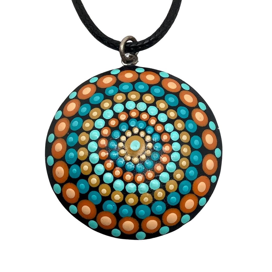 Hand-painted mandala dome pendant in turquoise, orange and blue – dot art necklace on adjustable leather cord