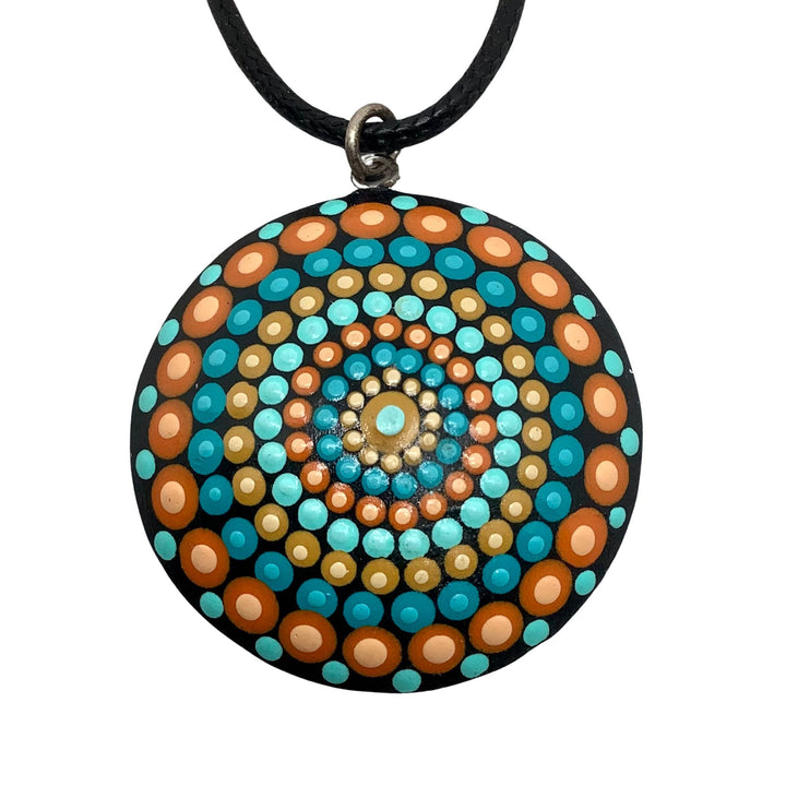 Hand-painted mandala dome pendant in turquoise, orange and blue – dot art necklace on adjustable leather cord