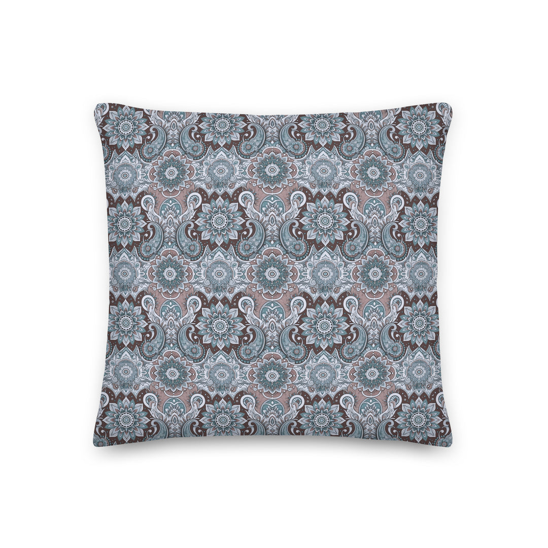 Boho pillow cover with vintage paisley mandala pattern in cool blue and taupe tones