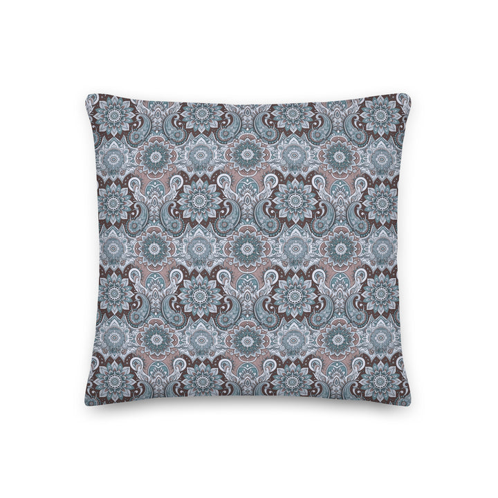 Boho pillow cover with vintage paisley mandala pattern in cool blue and taupe tones