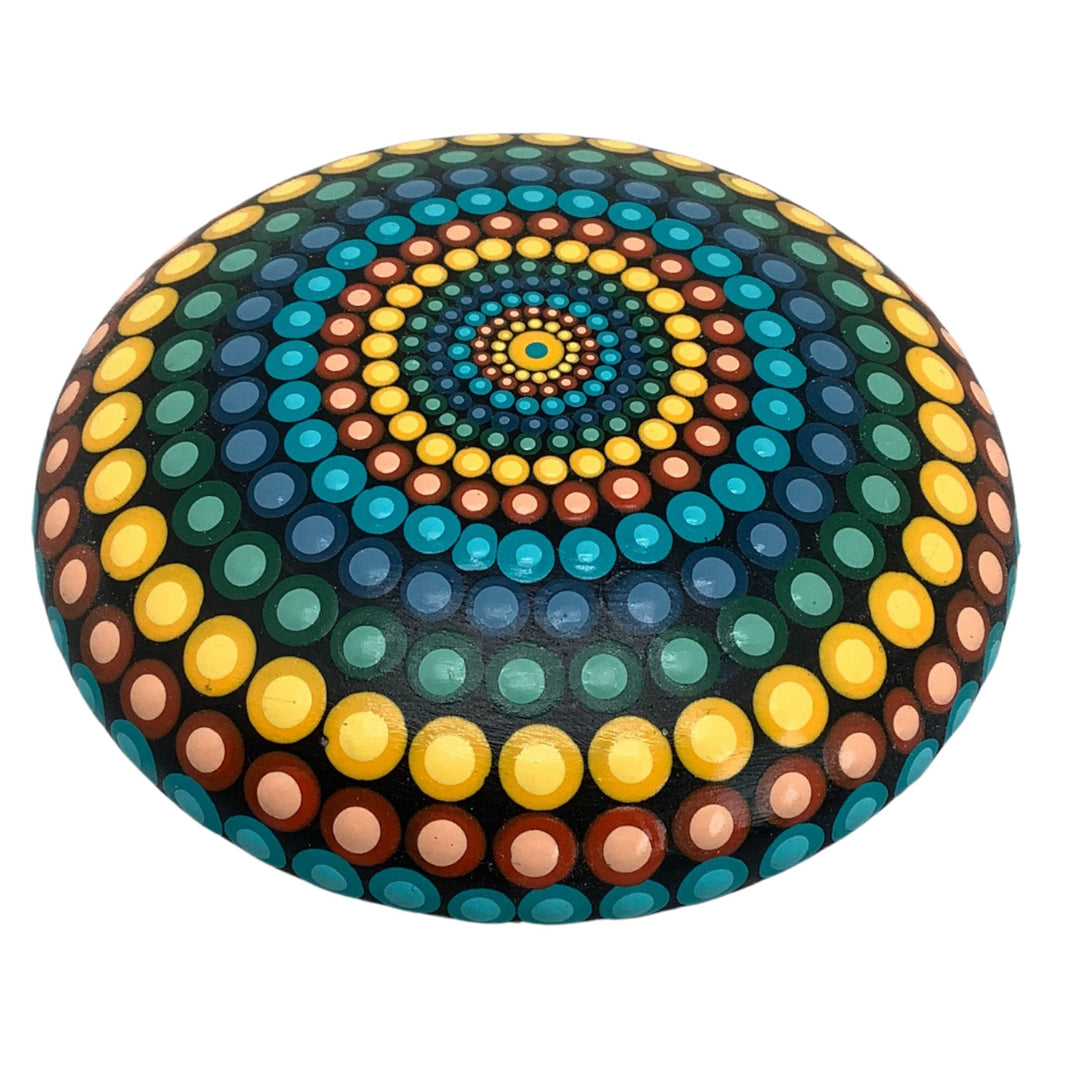 Mandala stone painted in primary colors with dot art pattern – round handmade gypsum decor stone with glossy finish