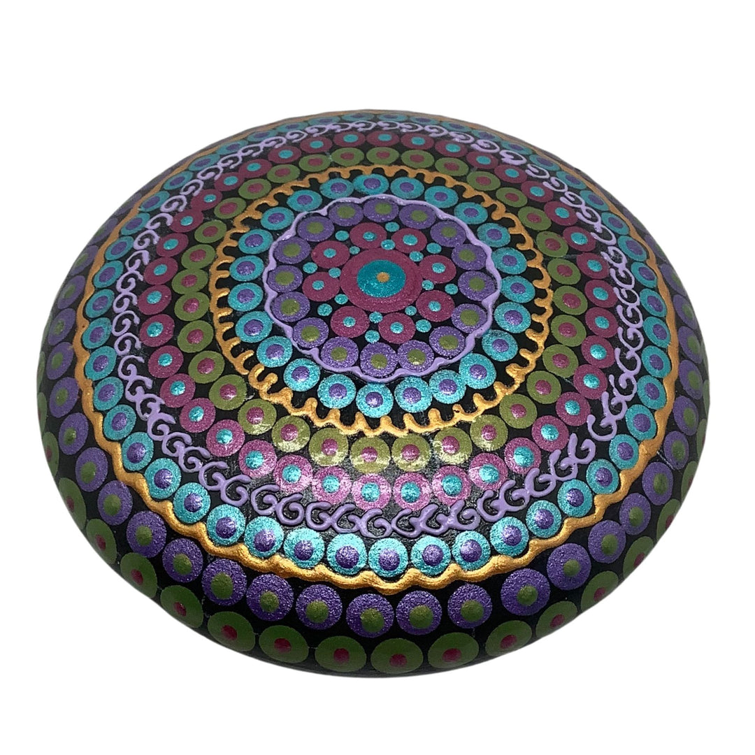 Small hand-painted mandala stone with metallic dots in purple, blue and green – unique calming decor or meditation gift