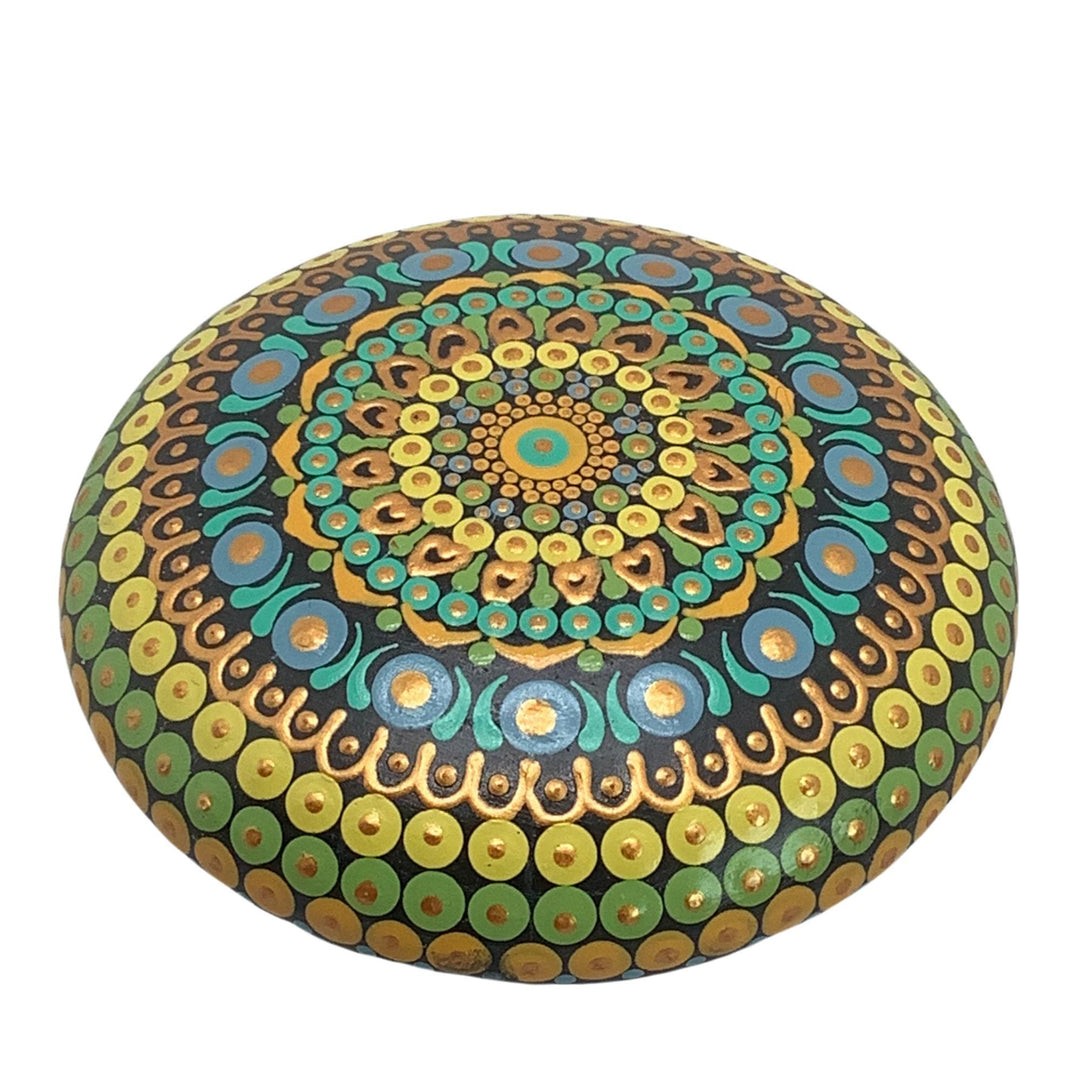 Mandala stone in green, blue, and gold with intricate dot painting – spiritual home decor