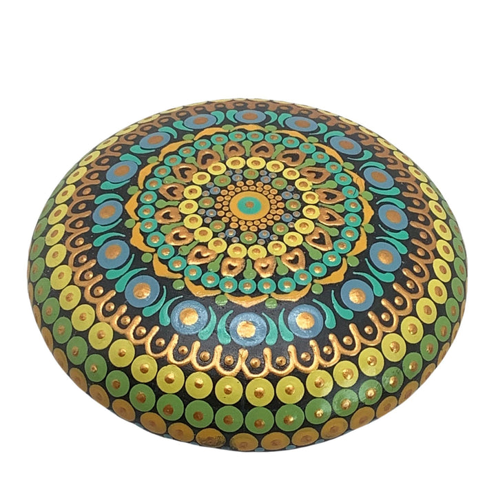 Mandala stone in green, blue, and gold with intricate dot painting – spiritual home decor