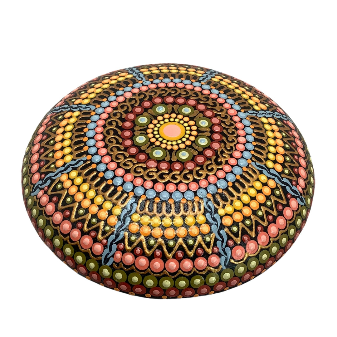 Hand painted pastel mandala stone with gold accents, round gypsum dot art for meditation or home decor