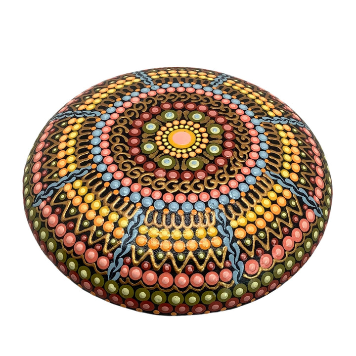 Hand painted pastel mandala stone with gold accents, round gypsum dot art for meditation or home decor