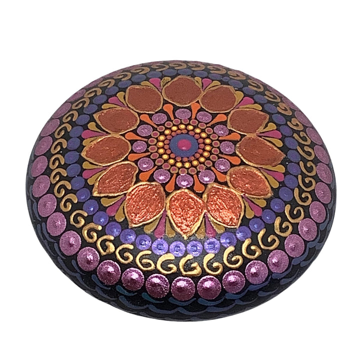 Hand painted mandala stone in copper, pink and purple with glossy finish, unique meditation rock for mindfulness and home décor