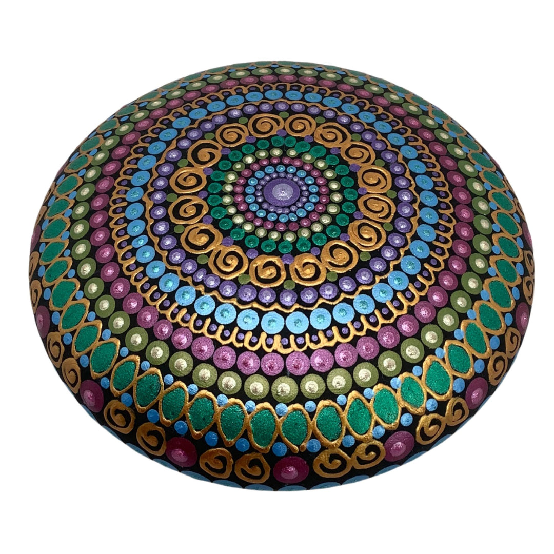 Colorful metallic mandala stone with gold dot art – hand painted spiritual decor