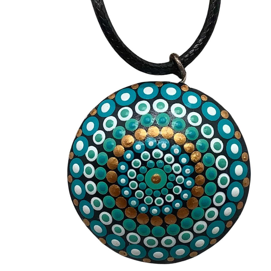 Dome-shaped mandala pendant necklace in petrol, white and gold – hand-painted dot art on leather cord
