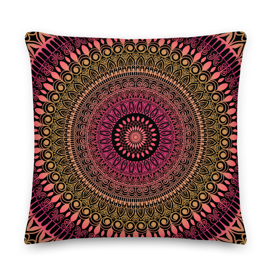 Boho mandala pillow cover with mehndi pattern in summer tones of pink, coral and gold