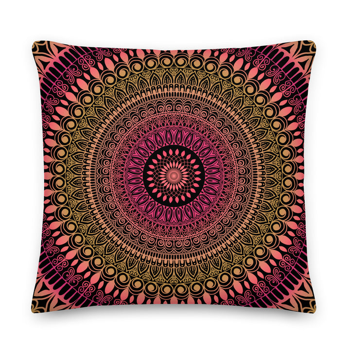 Boho mandala pillow cover with mehndi pattern in summer tones of pink, coral and gold