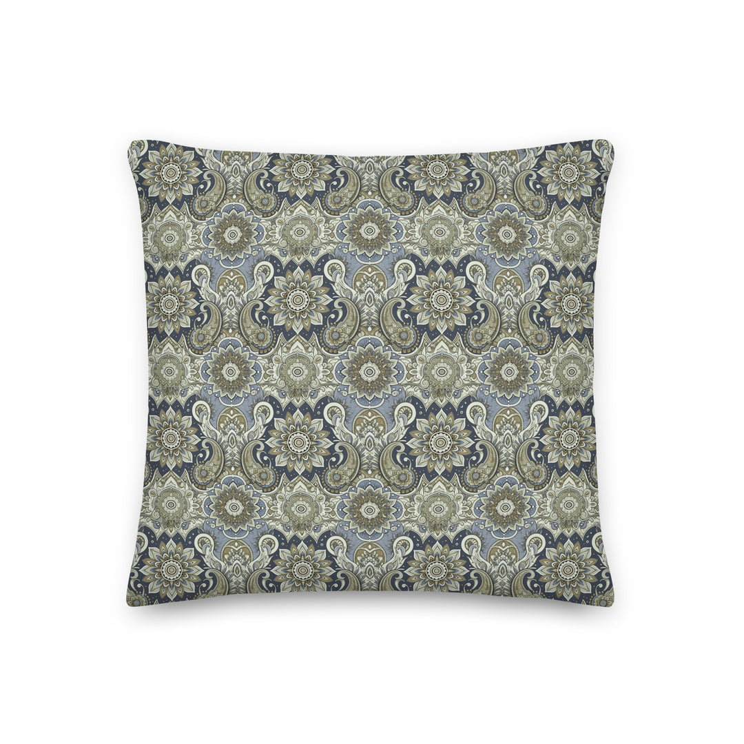 Boho pillow cover with soft blue and beige paisley mandala print and linen feel texture