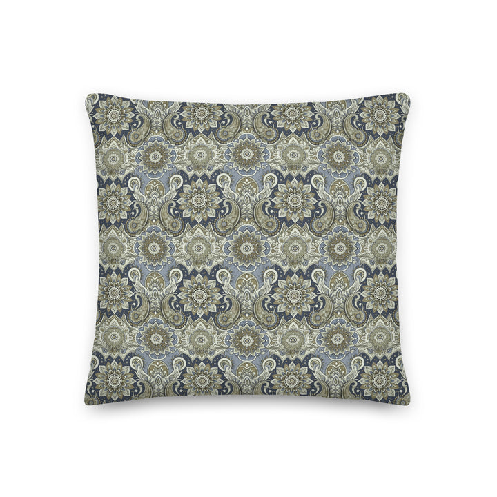 Boho pillow cover with soft blue and beige paisley mandala print and linen feel texture