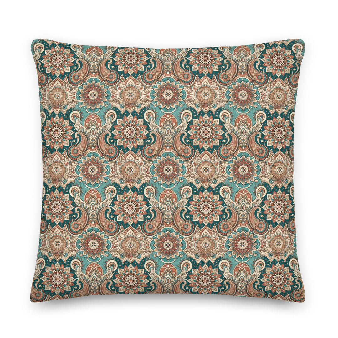 Boho pillow cover with teal and terracotta mandala paisley pattern on linen look fabric