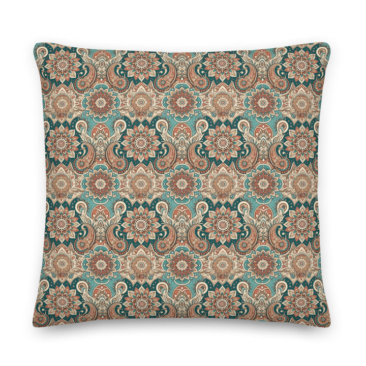 Boho pillow cover with teal and terracotta mandala paisley pattern on linen look fabric
