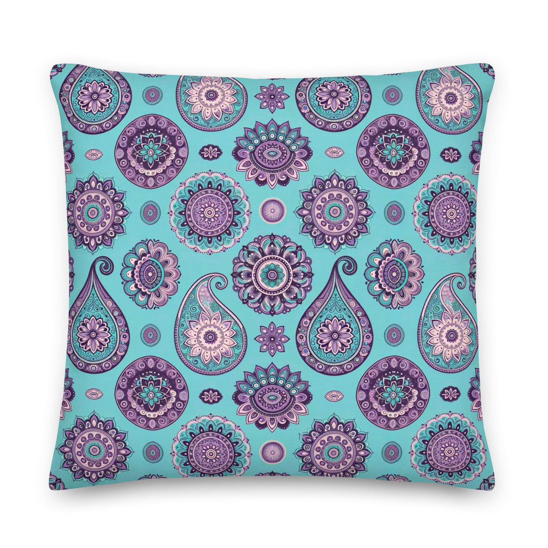 Turquoise pillow cover with purple mandala and paisley pattern, soft linen-look fabric