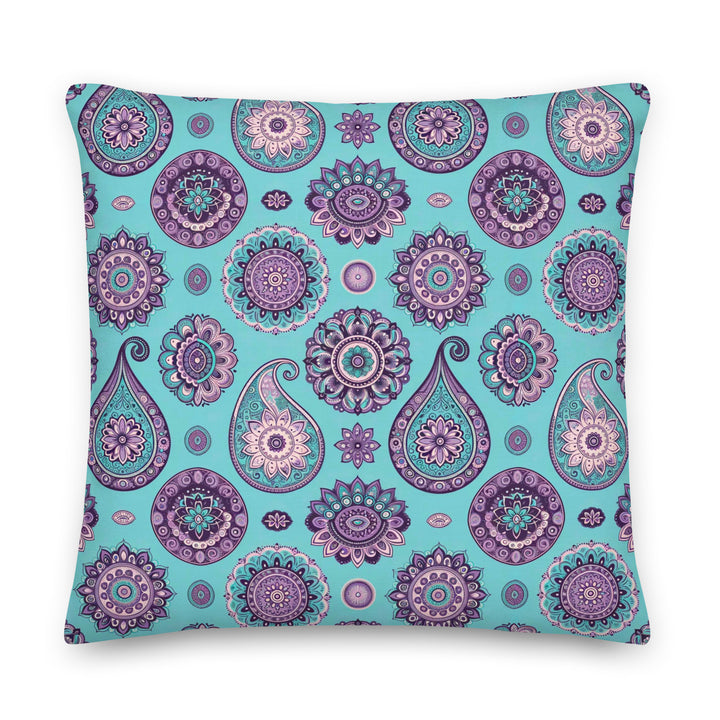 Turquoise pillow cover with purple mandala and paisley pattern, soft linen-look fabric
