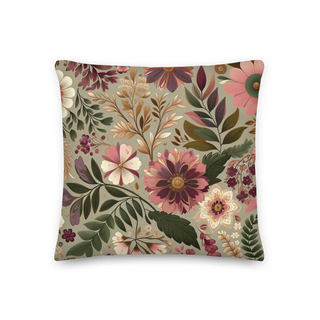 Floral pillow cover with romantic boho print in earthy pinks, greens and cream tones