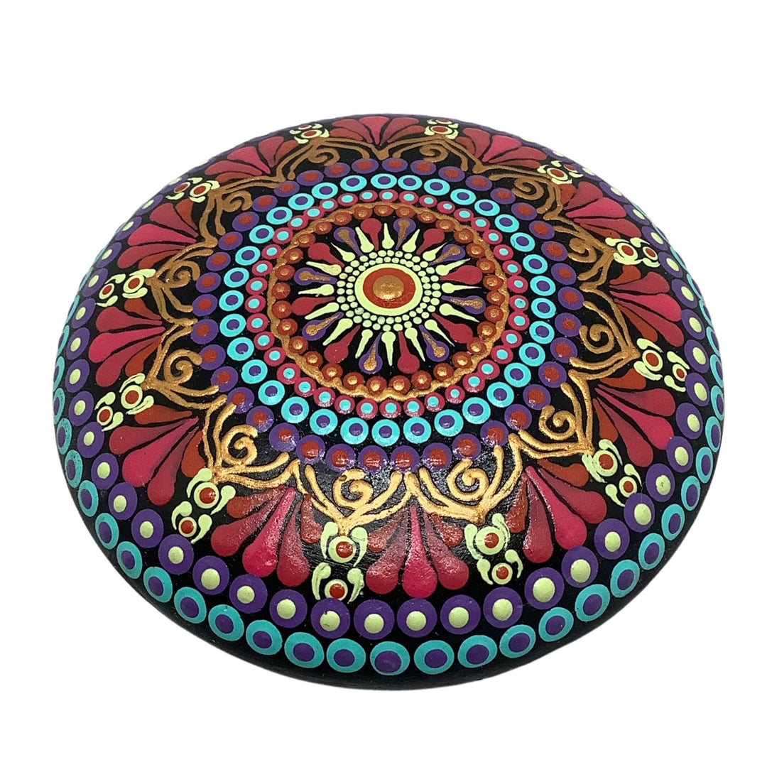 Mandala stone painted in pink, purple and turquoise with gold details, handmade with dot art for meditation or home decor